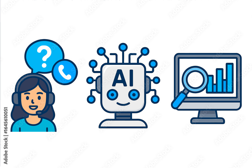 Aufkleber customer support icon set with ai and data analytics. vector concepts for helpdesk, chatbot, busines