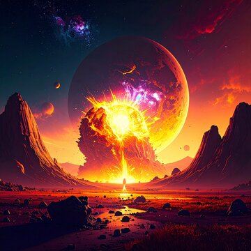 futuristic illustration of an exploding planets