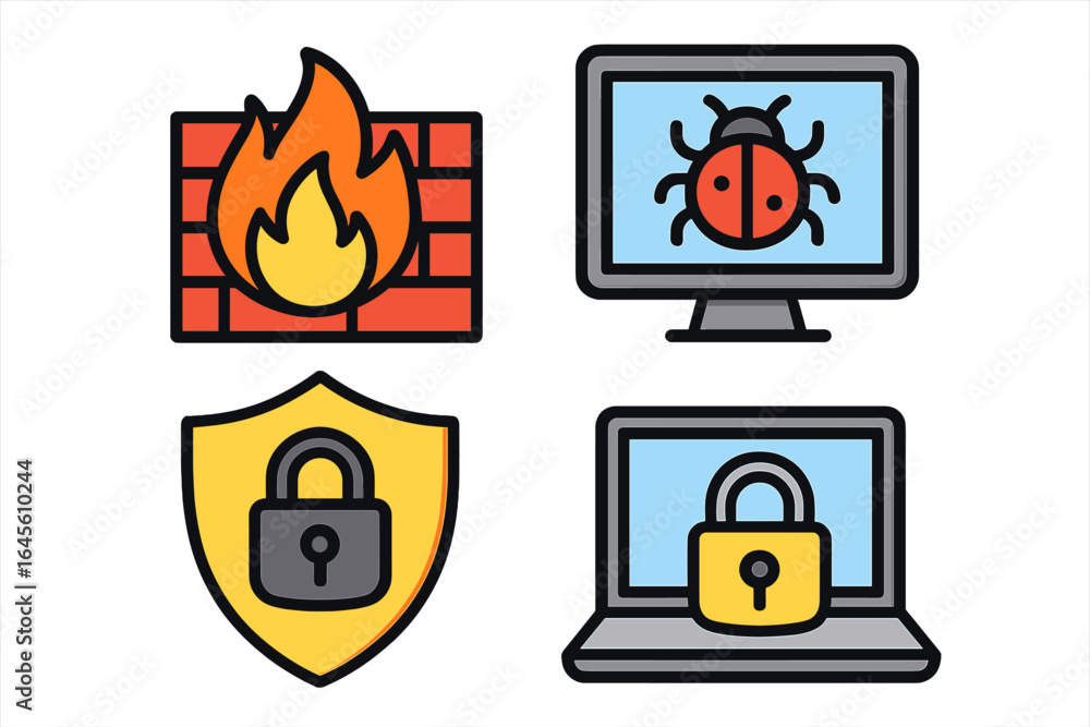 Poster cybersecurity icon set with firewall, malware, and data protection symbols. vector cartoon illustrat