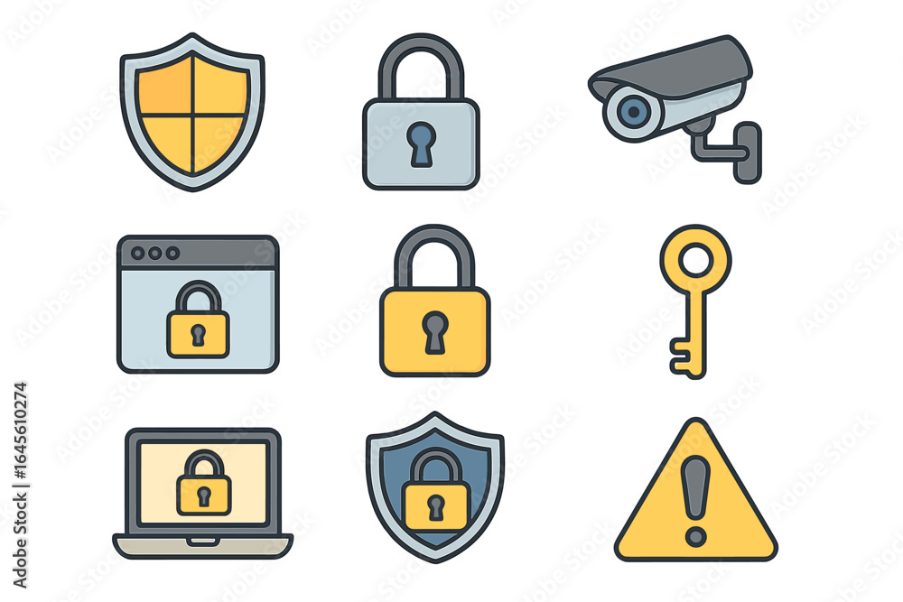 Poster cybersecurity icon set. data protection, privacy, and network security concepts. vector icons of loc