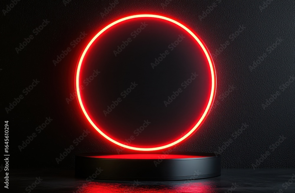 Poster abstract black background with glowing red neon circle on a podium in dark setting