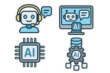Artificial intelligence icon set. AI technology concept with chatbot for customer support, data processing, machine learning processor chip and automation algorithm icons.
