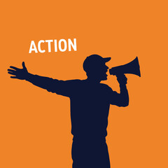 Silhouette of a person with a megaphone gesturing and speaking with the word "action" above.