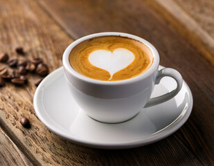 Obraz premium Cup of cappuccino with heart-shaped latte art on wooden table, coffee beans scattered nearby