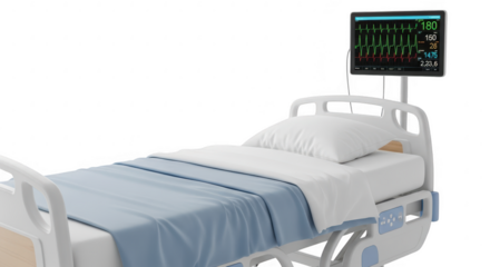 3d icon of hospital bed with medical monitor displaying vital signs, isolated on transparent background, representing healthcare, patient care, and medical technology