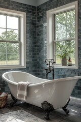 Fototapeta premium Elegant bathroom featuring blue-gray tiles with a freestanding white bathtub near a large window with garden view