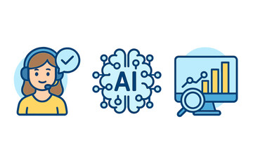 Set of icons for customer support, artificial intelligence, and data analytics. Vector concepts for call center, chatbot, business intelligence, and market research analysis.
