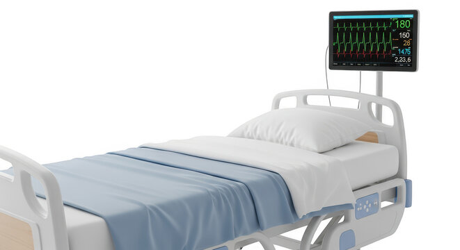 3d icon of hospital bed with medical monitor displaying vital signs, isolated on transparent background, representing healthcare, patient care, and medical technology - Powered by Adobe