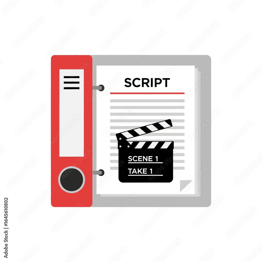 Poster A script document with a film clapperboard and a red binder.