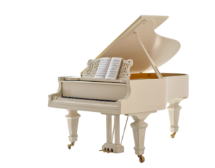 Pastel Grand Piano with Sheet Music in Sunlit Room, Soft Focus.