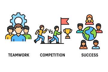 Teamwork collaboration, business competition, global success icon set. Vector concepts of partnership, race to goal, trophy award, and diverse international community.