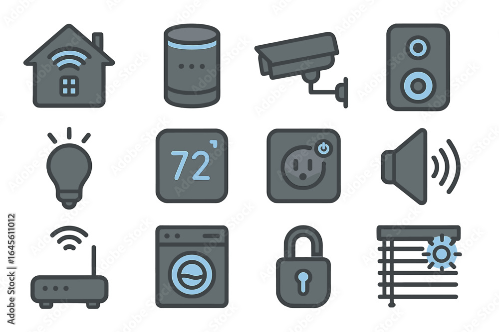 Poster smart home technology vector icon set. internet of things devices for house automation system. inclu