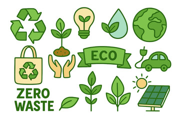 Eco friendly icon set. Green energy, recycling, and sustainability symbols. Zero waste lifestyle concept. Ecology and environment conservation vector illustration collection.