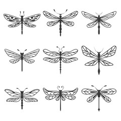 Nine stylized dragonfly silhouettes in black and white.
