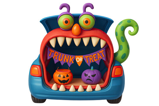 Colorful Halloween decoration resembling monster with large eyes, sharp teeth, and Trunk or Treat banner inside open trunk of car, featuring pumpkins and playful elements, evoking festive