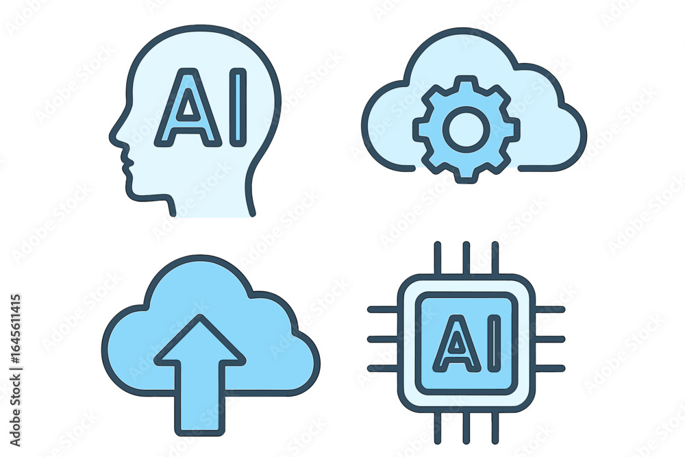 Poster artificial intelligence icon collection. ai head, cloud data processing, upload to cloud, and smart 