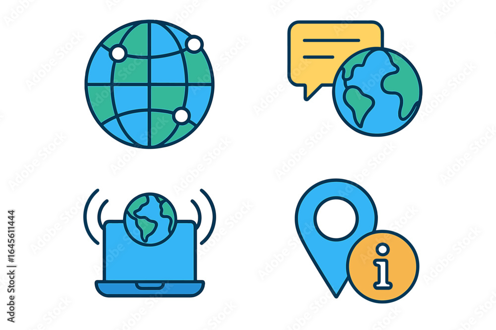 Poster global technology icon set. vector flat design of world communication, internet network, online conn
