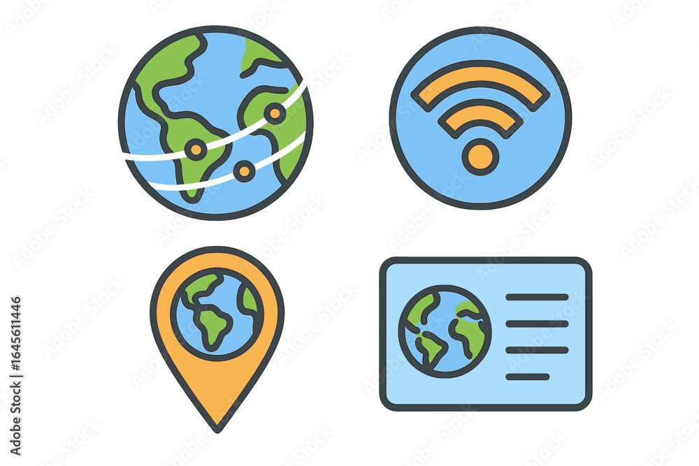 Poster global communication icon set. flat design vector graphics of earth, wifi, gps pin, and data card. c