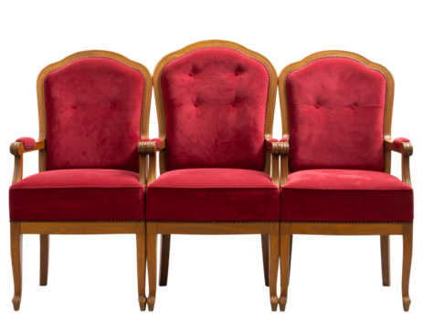 Three Classic Red Theater Chairs in a Row, Front View, Isolated on Transparent Background (2)