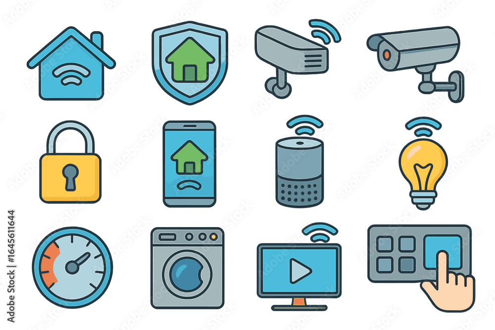 Poster smart home technology icon set with security camera, remote control, and wifi connected appliances. 