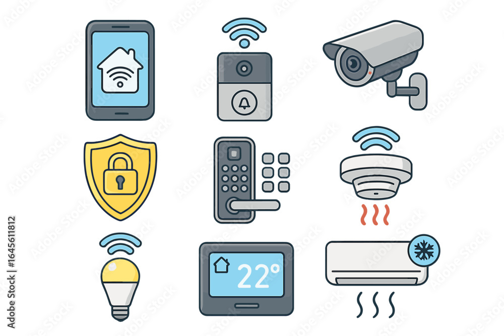 Poster smart home technology icon set. vector illustrations of automation system elements. security camera,