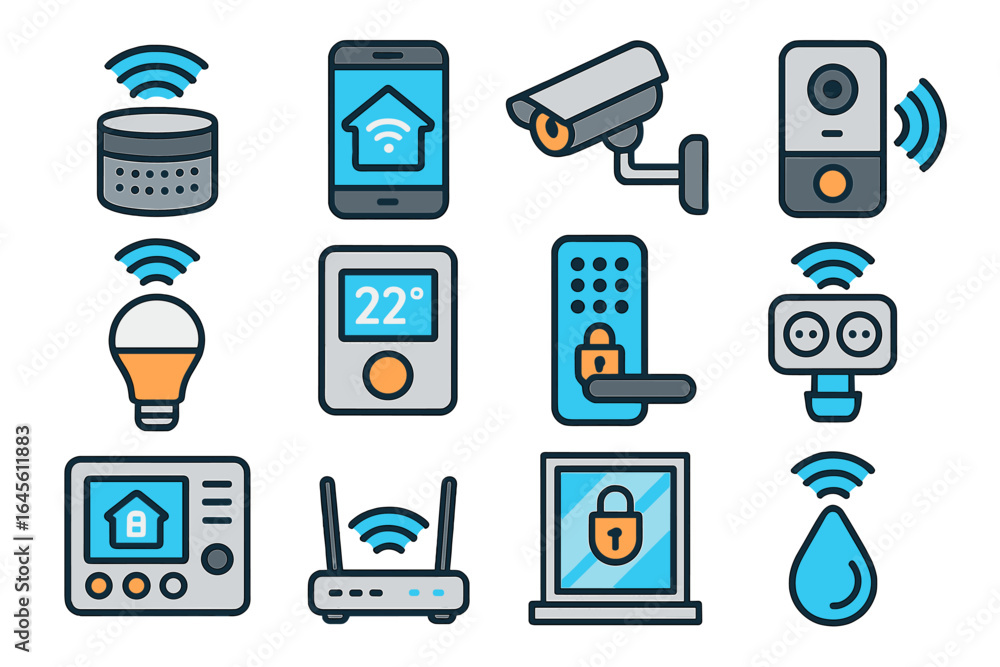 Poster smart home technology vector icon set. internet of things (iot) automation system for security and c