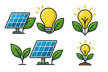 Sustainable green energy icon set. Solar panel and light bulb with plant leaves symbolize renewable power and eco friendly ideas. Clean electricity vector cartoon concept.
