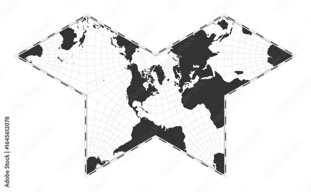 Poster vector world map. gnomonic butterfly projection. plain world geographical map with latitude and long