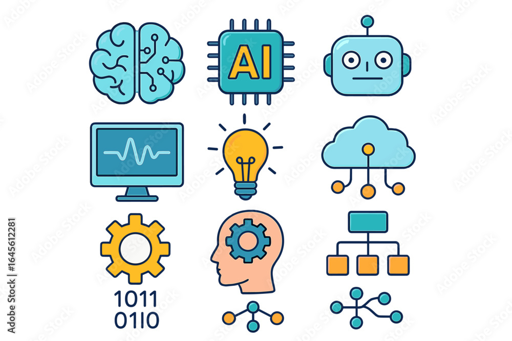 Poster artificial intelligence icon set. machine learning, data science, and robotics symbols. tech innovat