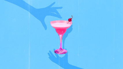 Collage of pink cocktail with cherry garnish and playful hand shadows on blue background. Concept of summer parties, fun drinks, tropical refreshment, and creative cocktail ads with vibrant mood.