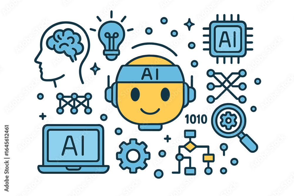 Poster artificial intelligence concept. set of icons with robot head, brain, chip, and neural network. mach