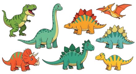 Collection of colorful cartoon dinosaurs isolated on white background