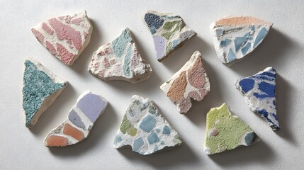 Colorful ceramic shards arranged in an abstract pattern.