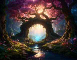 Enchanted Forest Landscape With Vibrant Trees and a Serene Stream During Sunset Ambiance