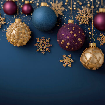 The image shows a festive composition with Christmas decorations located at the top. On a blue background, there are matte and shiny Christmas tree balls in different shades - gold, blue and purple. B