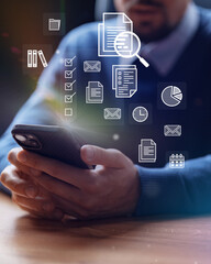Focus on productivity with digital tools and smartphone in workspace during morning hours
