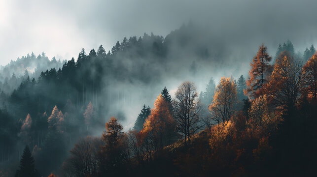A dramatic horizon emerging from the fog over an autumn forest (1)