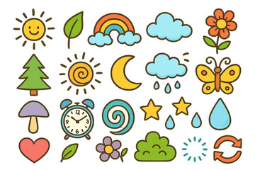 Colorful whimsical nature and abstract icons set with cartoon sun, moon, flowers, trees, clouds, rain, butterfly, clock, and hearts in playful vector illustration on transparent background