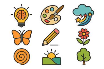 Creativity and imagination icon set. Collection of nature inspired symbols for art and design. Vector icons like lightbulb, brain, palette, pencil, flower, tree and butterfly.