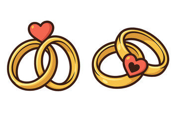 Elegant wedding rings with heart design, a symbol of love and commitment for couples. Gold marriage bands intertwined. Vector cartoon illustration set isolated on white.