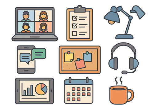 Various digital tools and items for online collaboration, virtual meetings, modern workspace, productivity, remote work setup, communication devices, and office essentials vector illustration