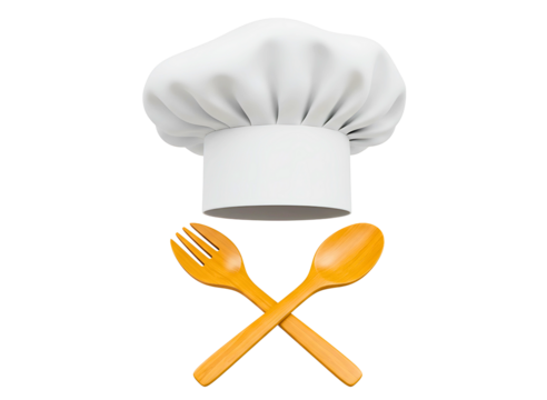 White chef hat and crossed wooden spoons isolated on transparent background - Powered by Adobe