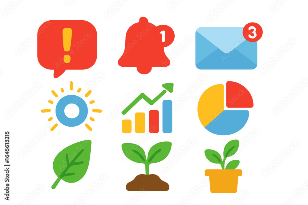 Poster flat icon collection for web and mobile apps. business analytics, data growth chart, notifications. 