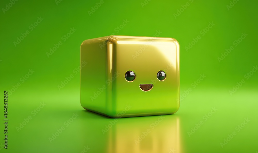 Poster golden cute cube with a smiling face on a green background, 3d rendering