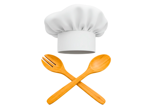 White chef hat and crossed wooden spoons isolated on transparent background - Powered by Adobe