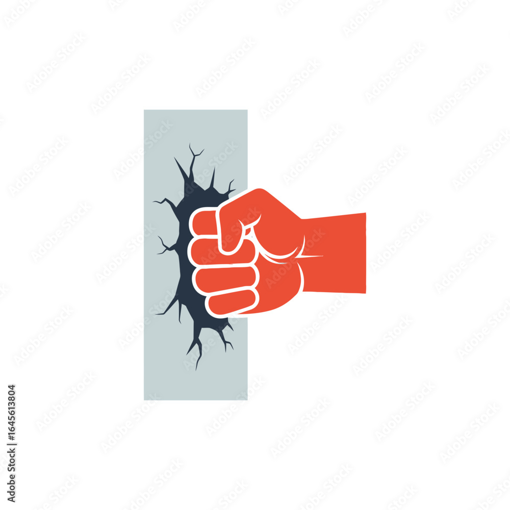 Poster a red fist punches through a gray rectangular surface creating a hole.