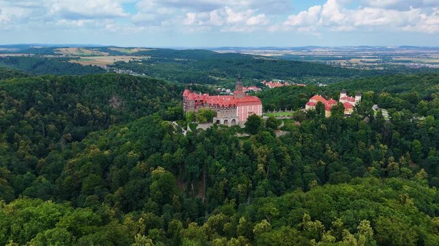 Ksiaz Castle drone arrival beautiful view nature forest Walbrzych Poland