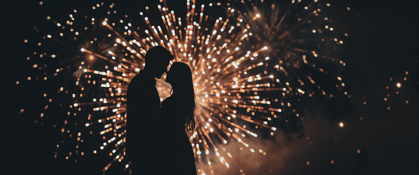 Romantic Silhouette: A couple embraces in silhouette against a backdrop of vibrant fireworks, a symbol of love and celebration.Capturing the magic and joy of a special moment.
