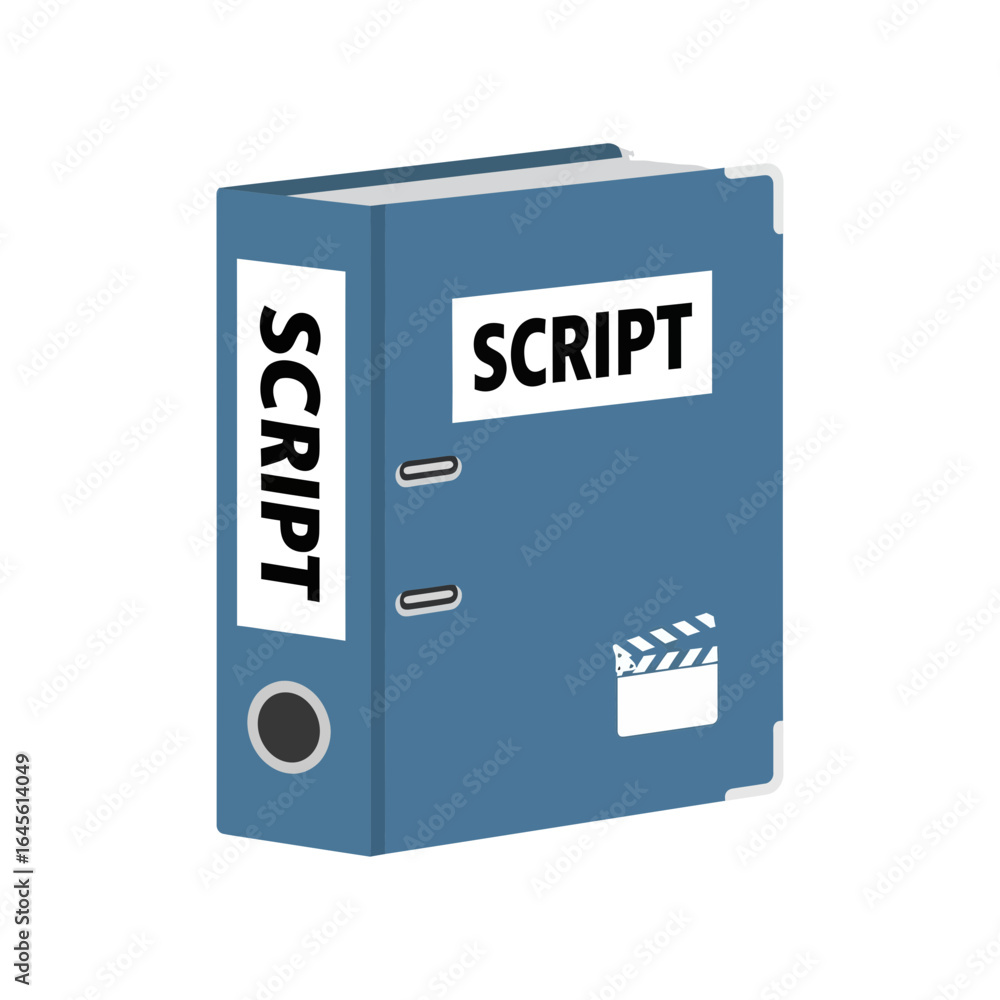 Poster a blue binder labeled script with a movie clapperboard icon.