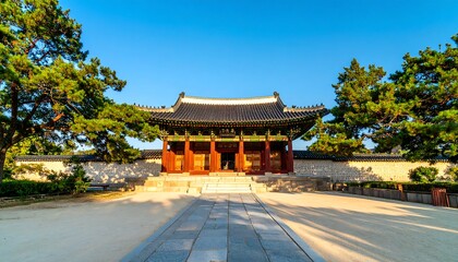 Traditional Asian architecture, a grand gate framed by trees and a stone path leading to it under a clear sky